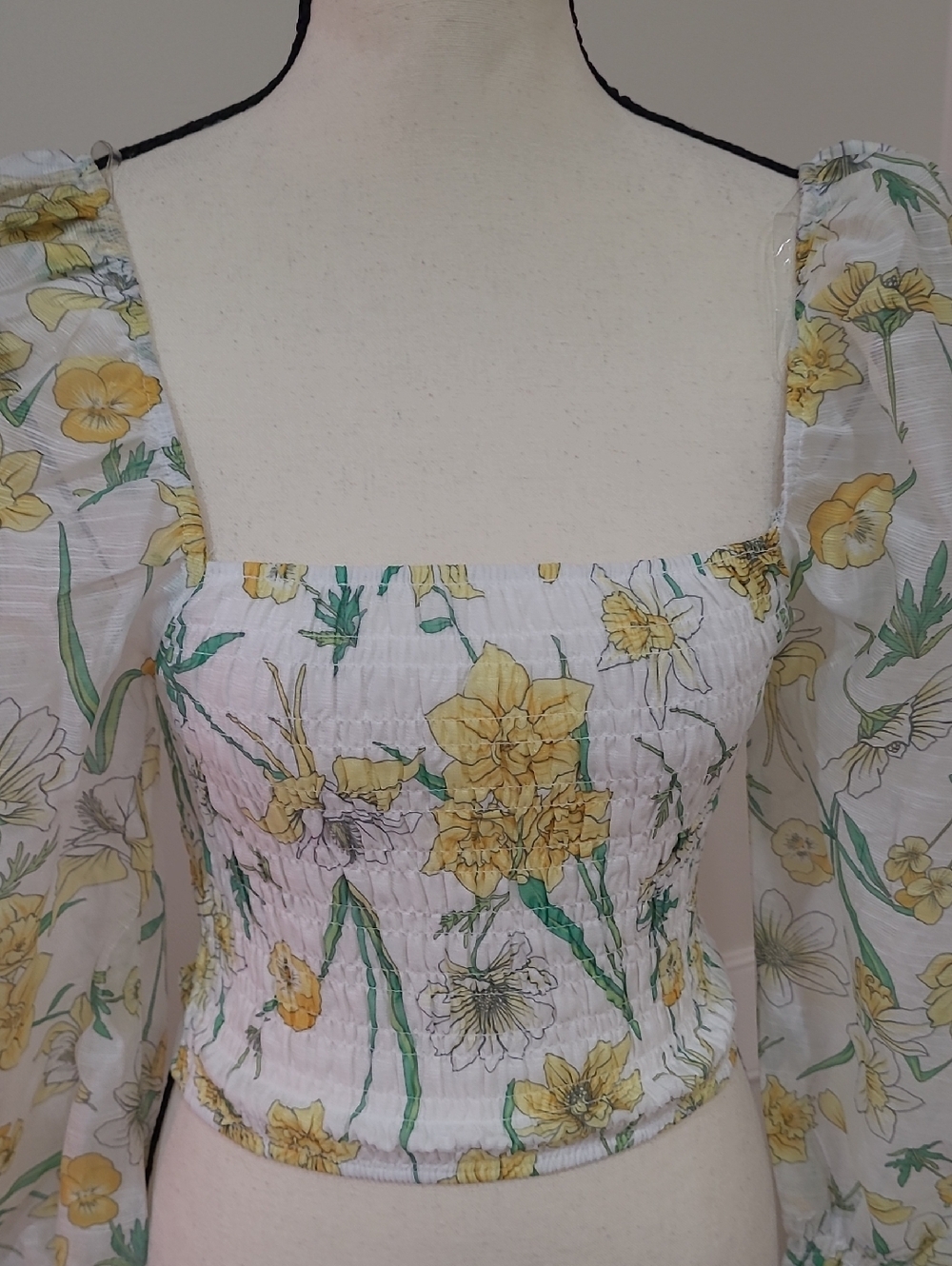 LIA Floral Square Neck Puff Sleeve Crop Top - Yellow - Size S